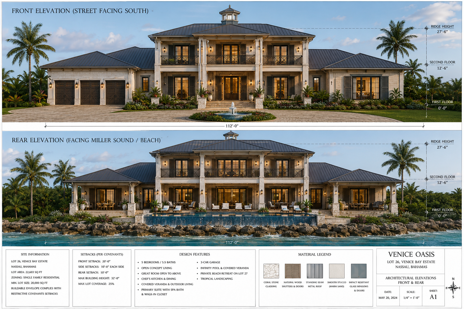 Front and rear elevations — Caribbean Plantation Modern