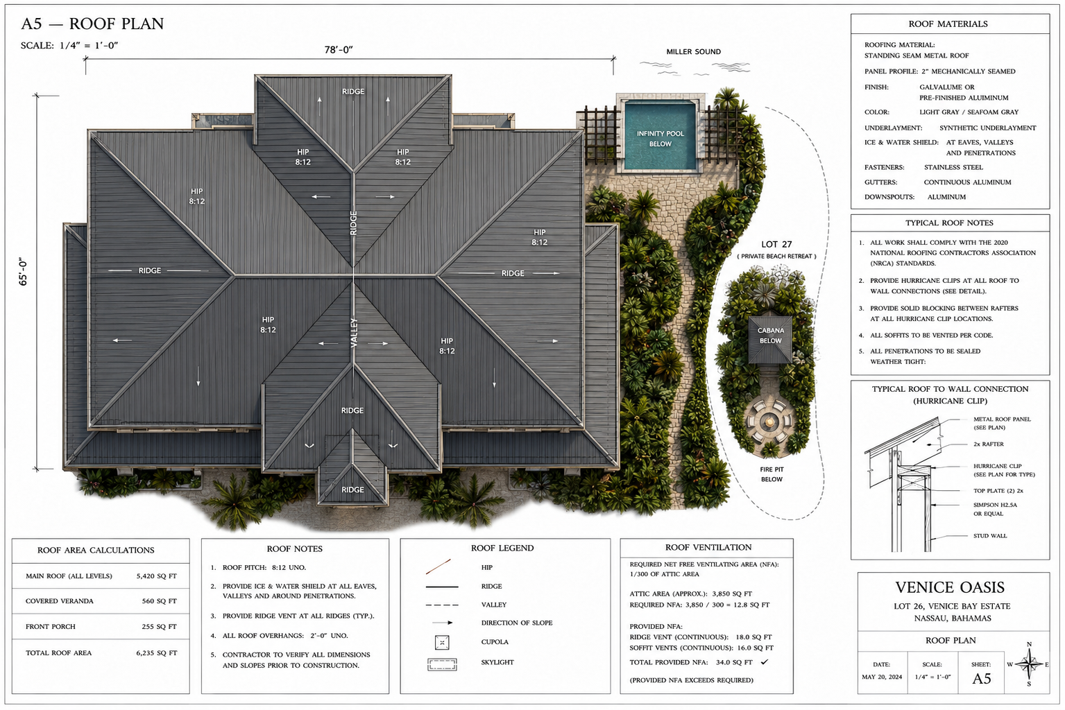 Roof plan with standing seam metal hip roof